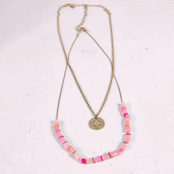 Delicate Necklace Set Pink Minimal Beachy Beaded Gold Tone Charm Coin 2 … - Picture 8 of 10